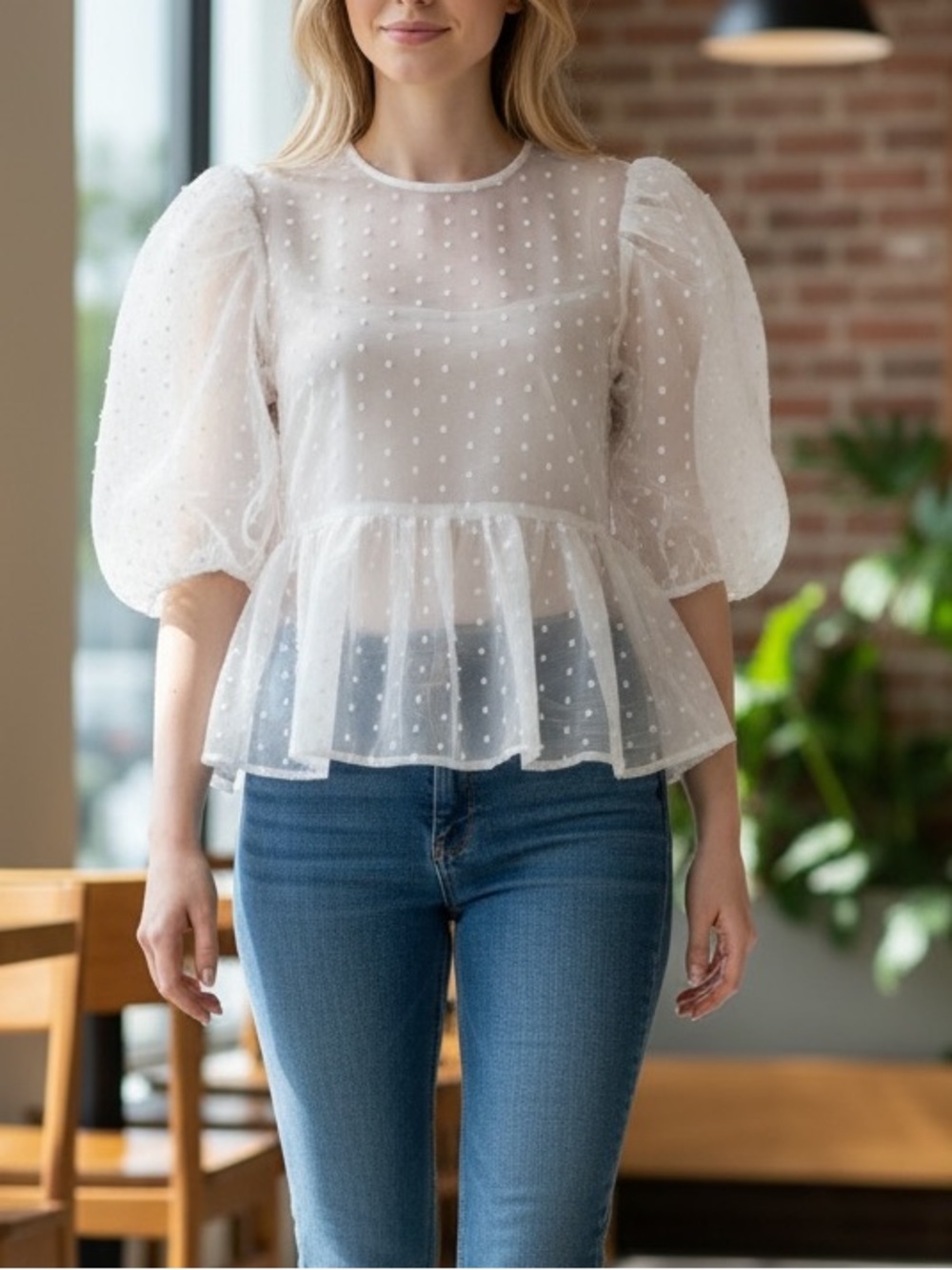 TOPSHOP White Sheer Swiss Dot Peplum Top